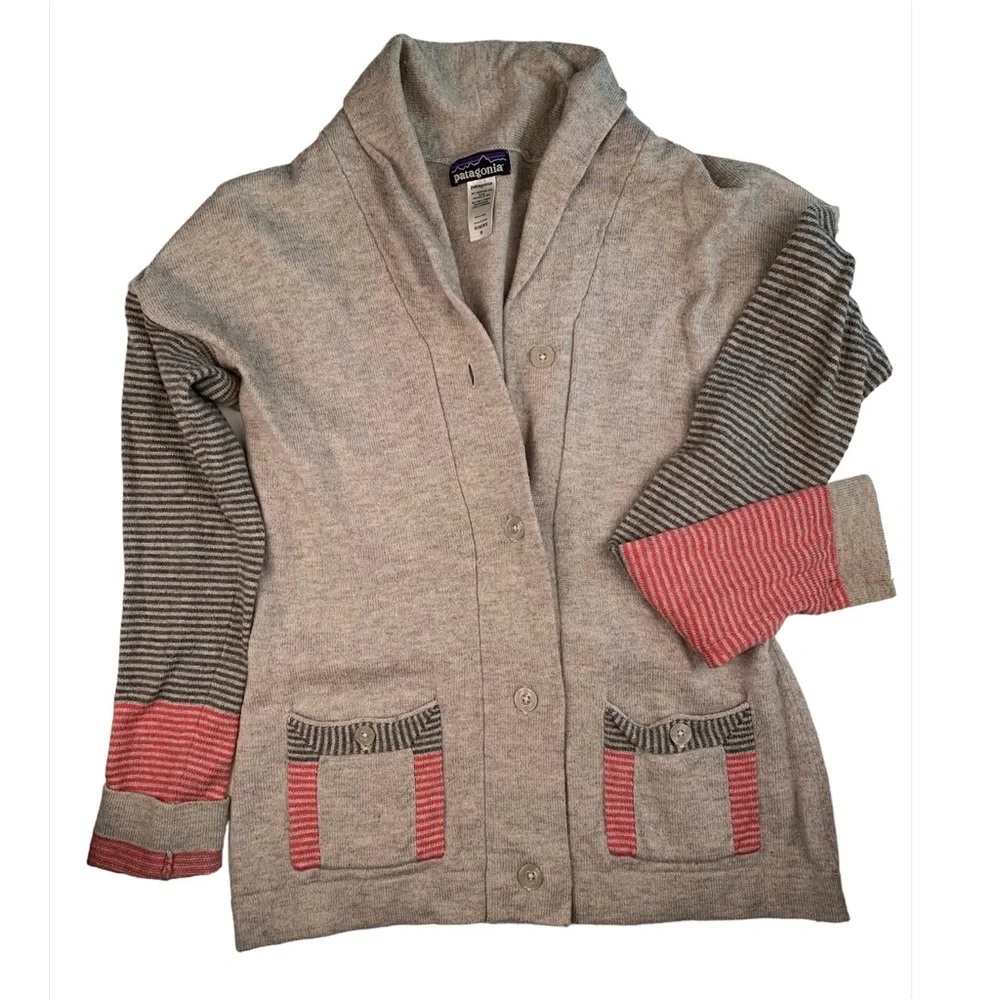 Patagonia Heather Gray Cardigan with Pink Accent Stripes